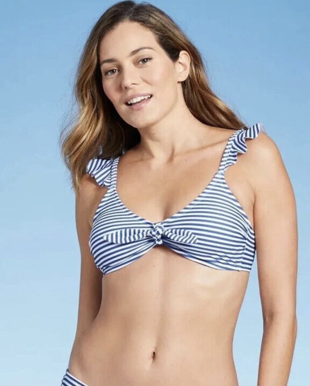 Kona Sol Ruffle Tie-Front Bikini Top - Blue Stripe Women's D/DD NWT